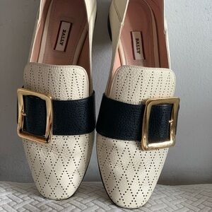 Bally Cream and Black Flats with Gold Buckle
